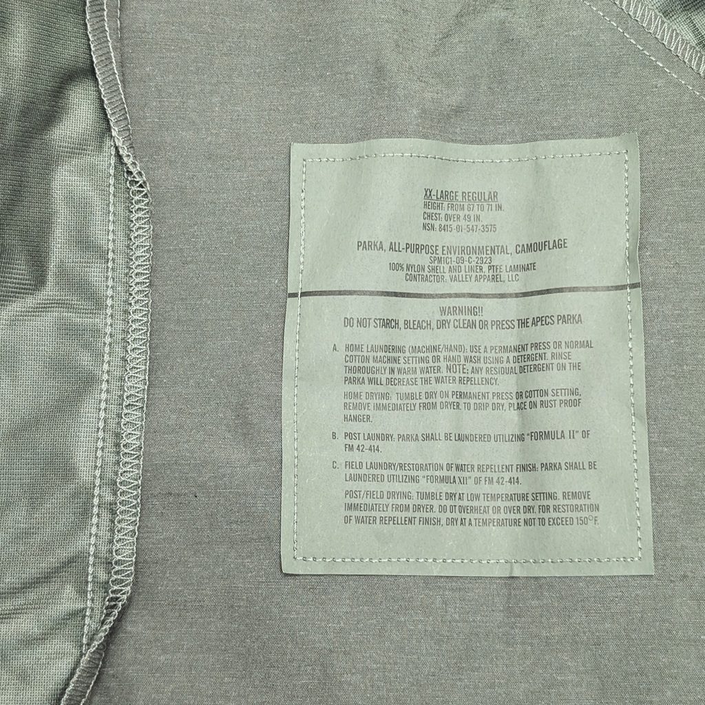 a USGI APECS Goretex Parka in US Air Force (USAF) ABU tiger stripe camouflage