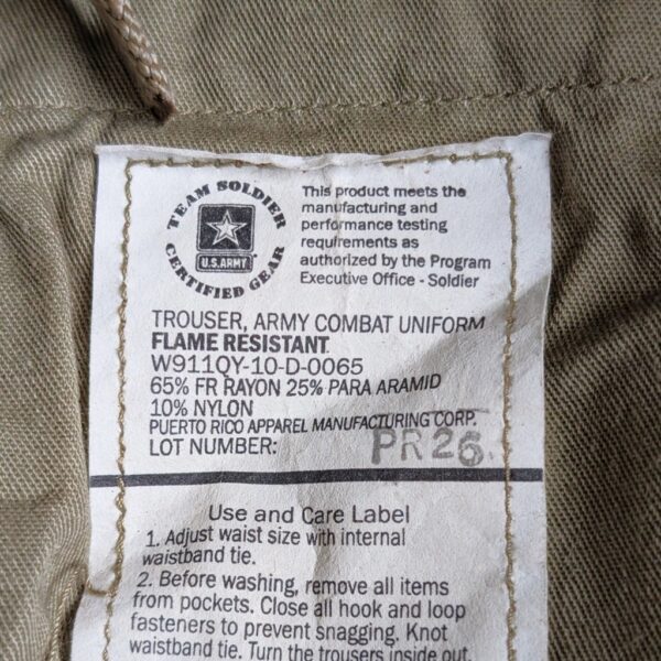 the tag from US Army MultiCam flame resistant trousers