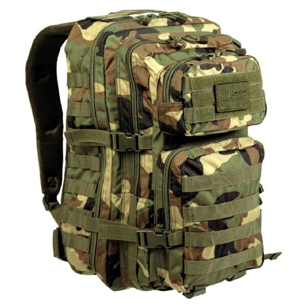 a large woodland camouflage military assault pack backpack