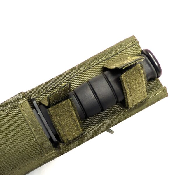 a Mil-Tec black military combat knife with an olive drab sheath