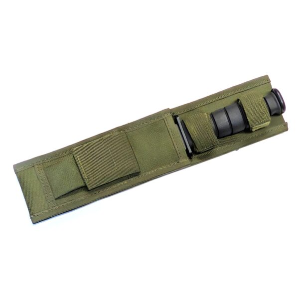 a Mil-Tec black military combat knife with an olive drab sheath