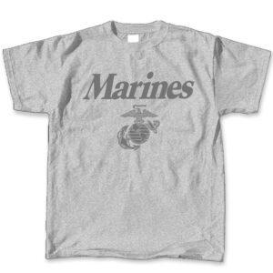 an oxford gray athletic, reflective print Marines PT t-shirt with the USMC EGA logo