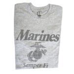 an oxford gray athletic, reflective print Marines PT t-shirt with the USMC EGA logo