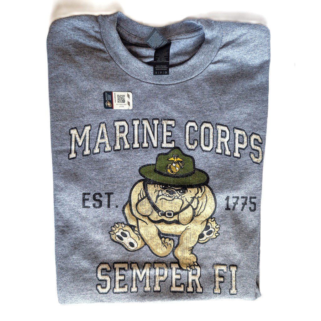 a vintage-look US Marine Corps charcoal gray t-shirt with an weathered Marine Corps bulldog mascot with the words "MARINE CORPS" "SEMPER FI" and "EST 1775"