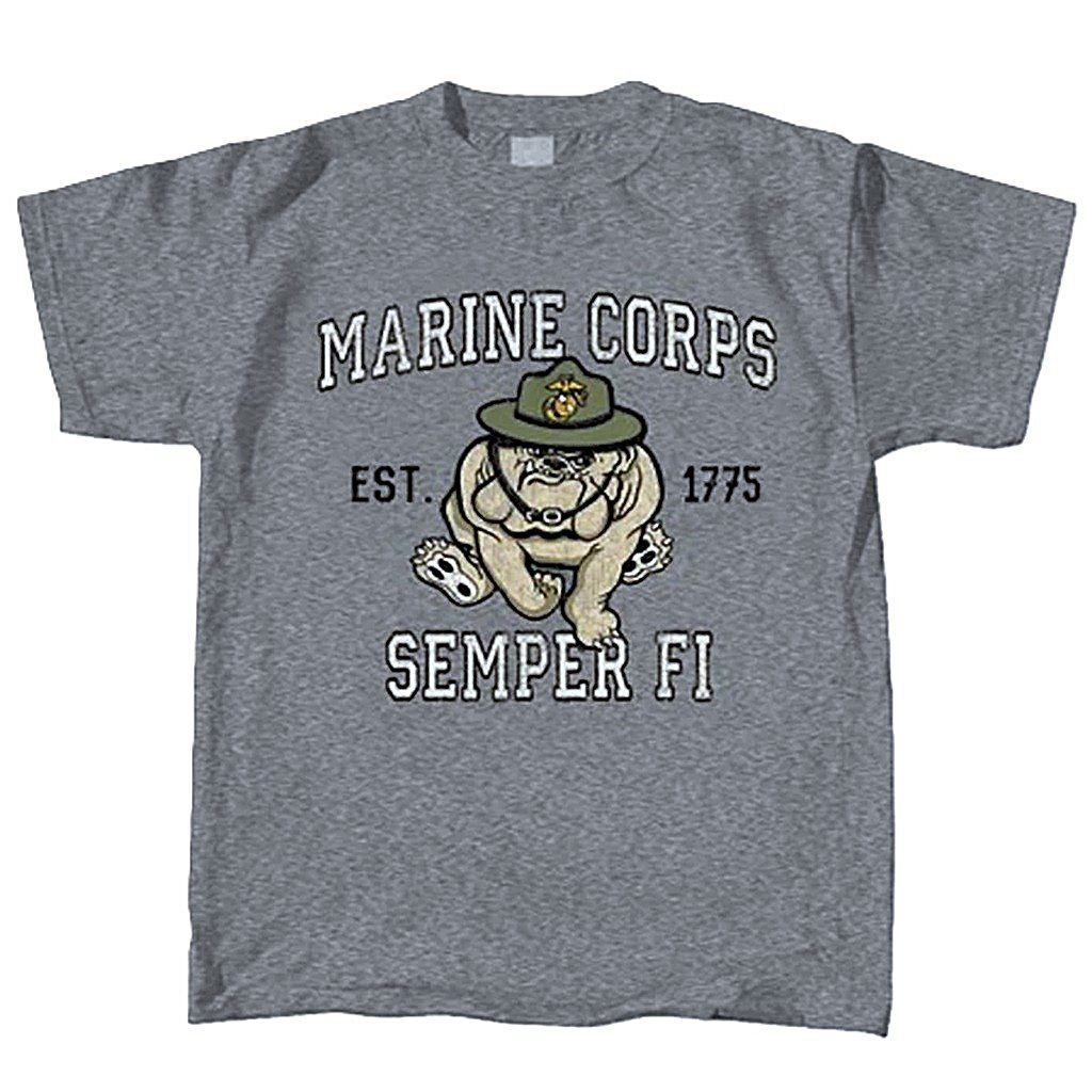 a vintage-look US Marine Corps charcoal gray t-shirt with an weathered Marine Corps bulldog mascot with the words "MARINE CORPS" "SEMPER FI" and "EST 1775"