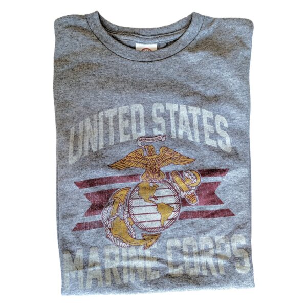 a gray USMC PT shirt with a vintage look emblem