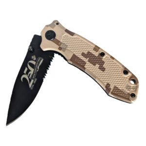 a US Marine Corps 250th anniversary commemorative pocket knife in desert MARPAT with a black blade