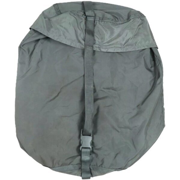 a foliage green US Army small compression stuff sack, part of the Improved Modular Sleep System (IMSS)