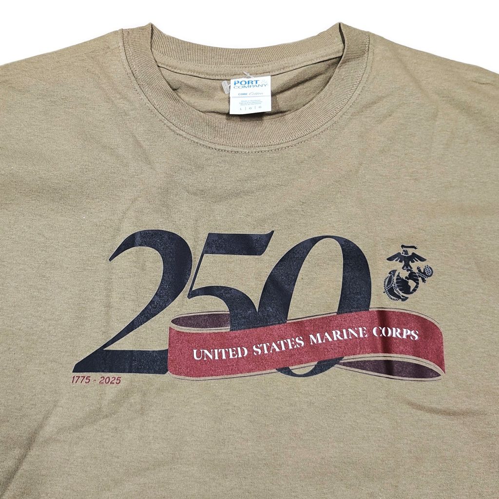 a light coyote brown/tan USMC 250th anniversary t-shirt