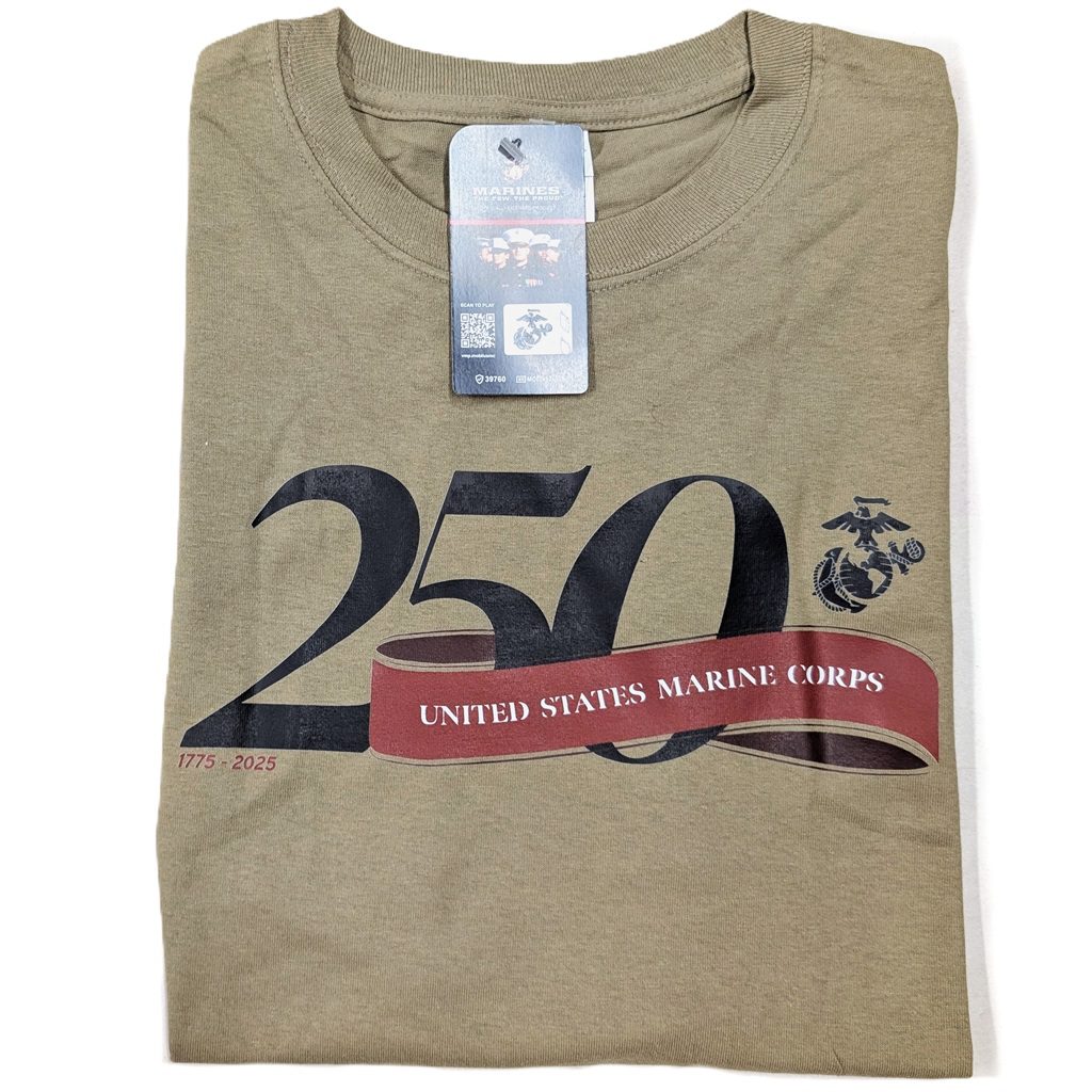 a light coyote brown/tan USMC 250th anniversary t-shirt
