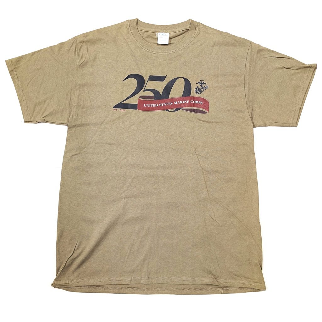 a light coyote brown/tan USMC 250th anniversary t-shirt