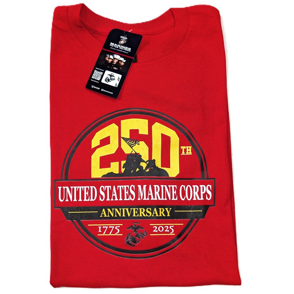 a red USMC 250th anniversary short sleeve t-shirt