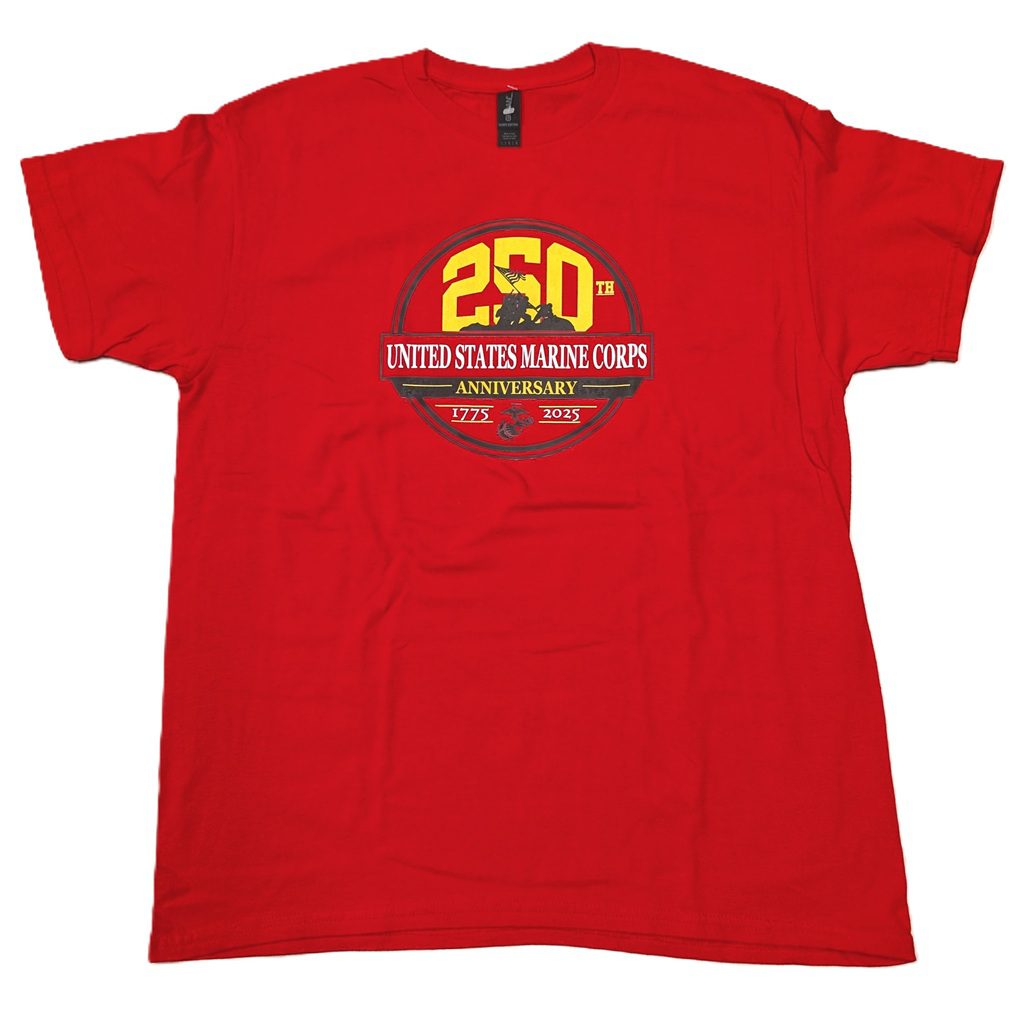 a red USMC 250th anniversary short sleeve t-shirt