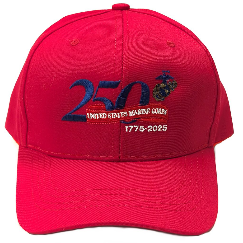 a scarlet red US Marine Corps 250th anniversary commemorative baseball hat