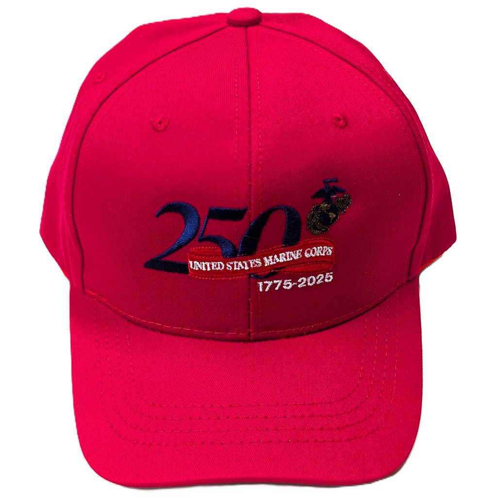 a scarlet red US Marine Corps 250th anniversary commemorative baseball hat