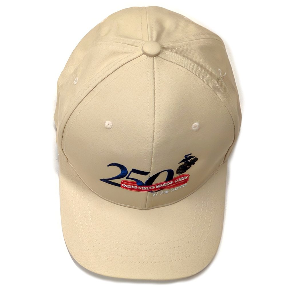 a khaki tan US Marine Corps 250th anniversary commemorative baseball hat