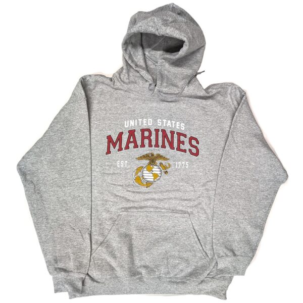 an oxford gray US Marine Corps hoodie with a vintage USMC logo