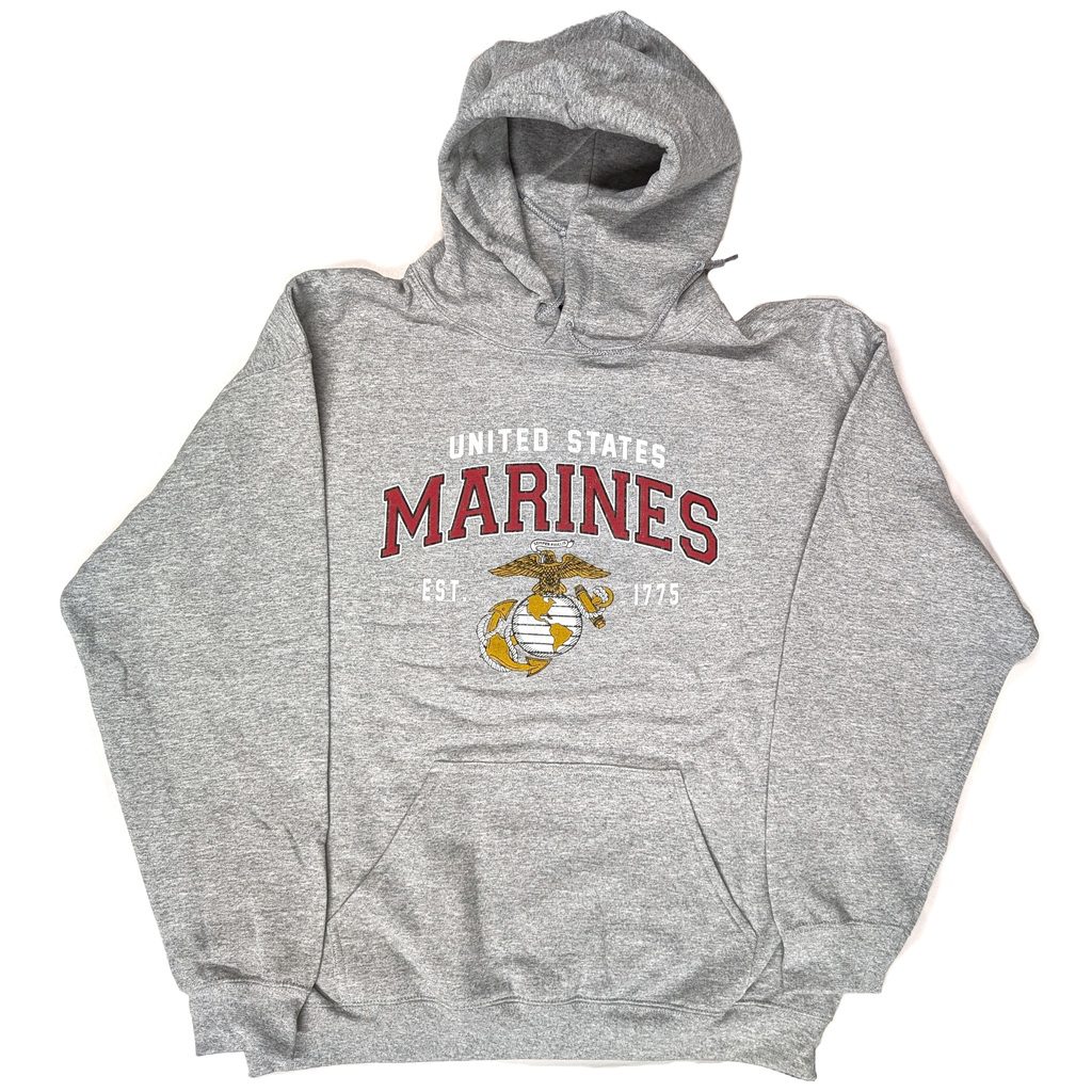 an oxford gray US Marine Corps hoodie with a vintage USMC logo